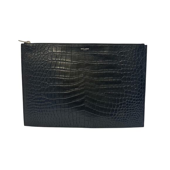 Saint Laurent Croc Embossed Leather Envelope Black Large Zipped Tablet Clutch - Picture 1 of 8
